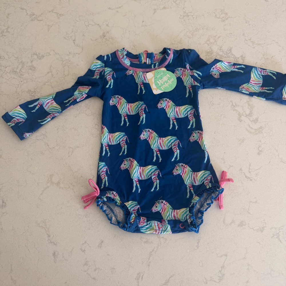 Hatley Baby Rainbow Zebra Rashguard Swimsuit Navy Blue Long Sleeve 6-9M NWT